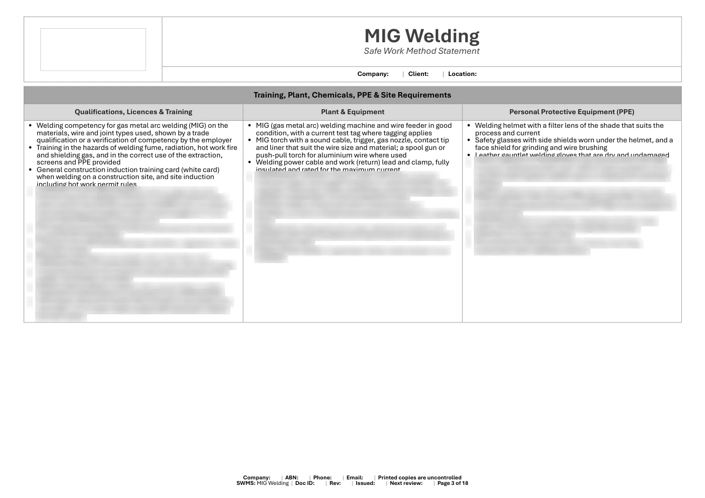 MIG Welding SWMS: sample page 3