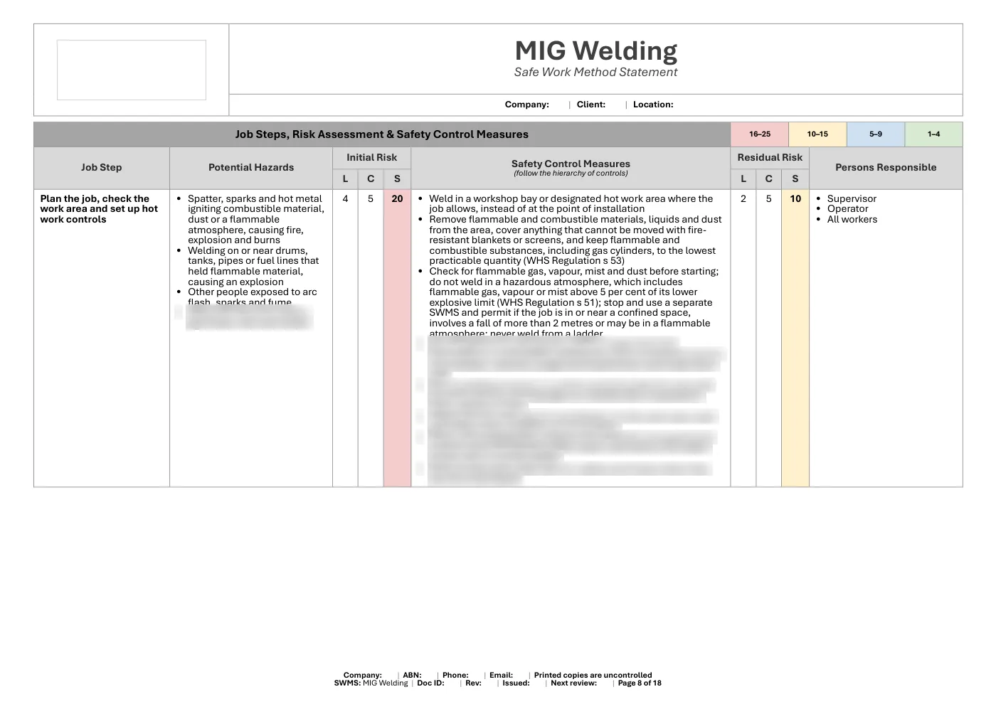 MIG Welding SWMS: sample page 8