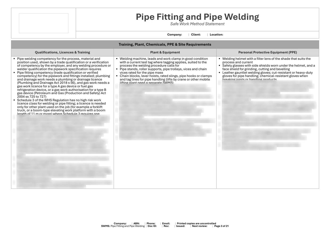 Pipe Fitting and Pipe Welding SWMS: sample page 3