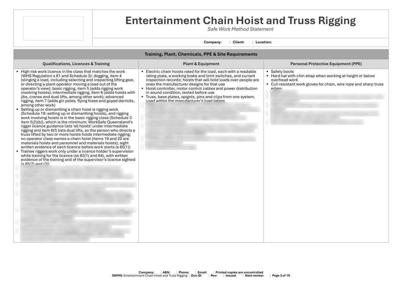 Entertainment Chain Hoist and Truss Rigging SWMS: sample page 3