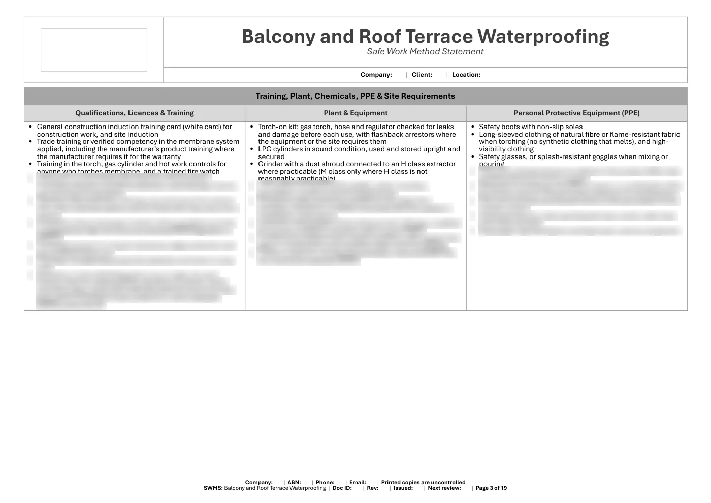 Balcony and Roof Terrace Waterproofing SWMS: sample page 3