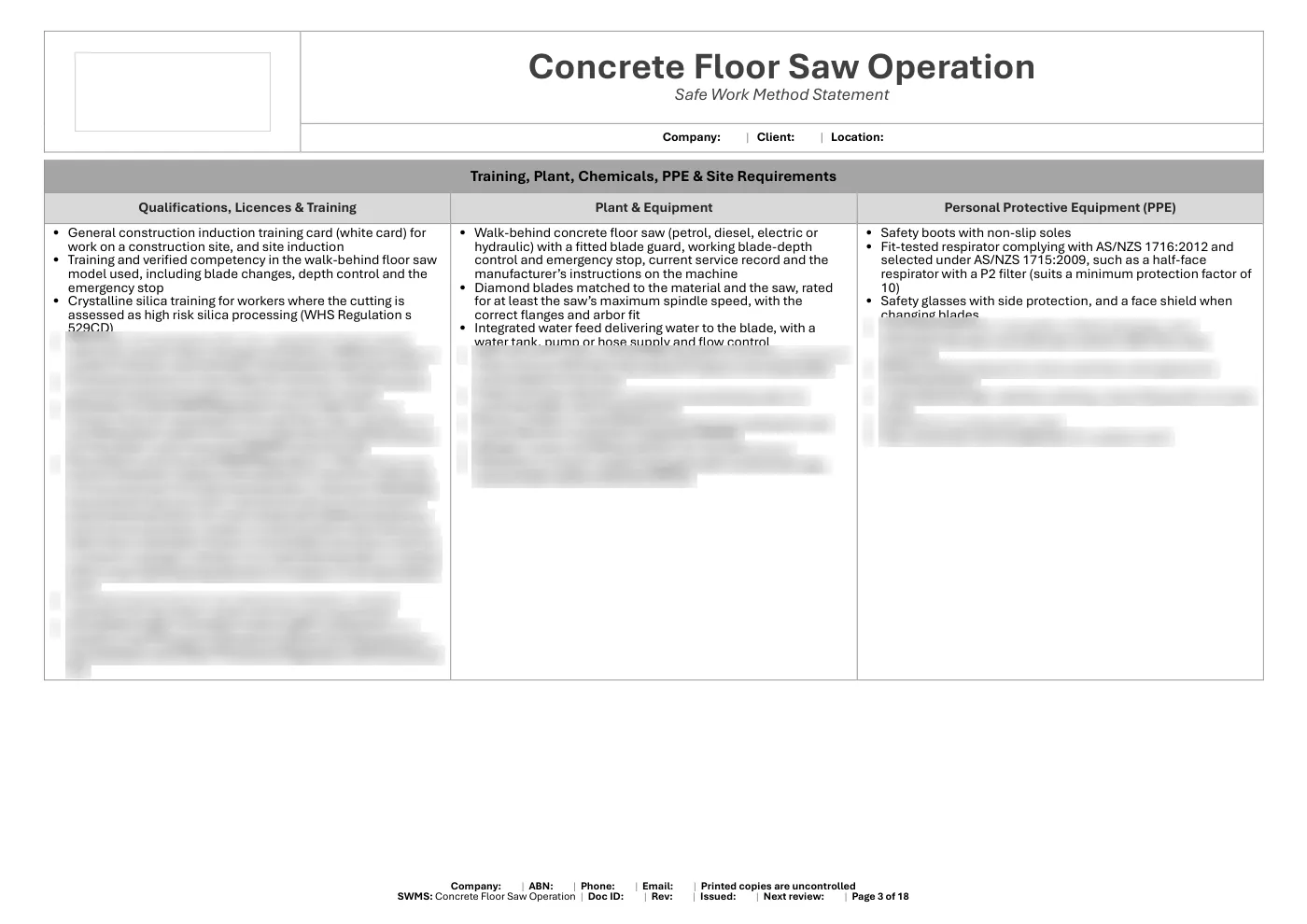 Concrete Floor Saw SWMS: sample page 3