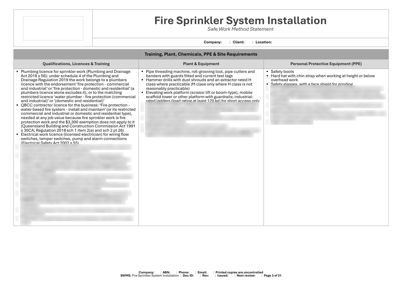 Fire Sprinkler System Installation SWMS: sample page 3