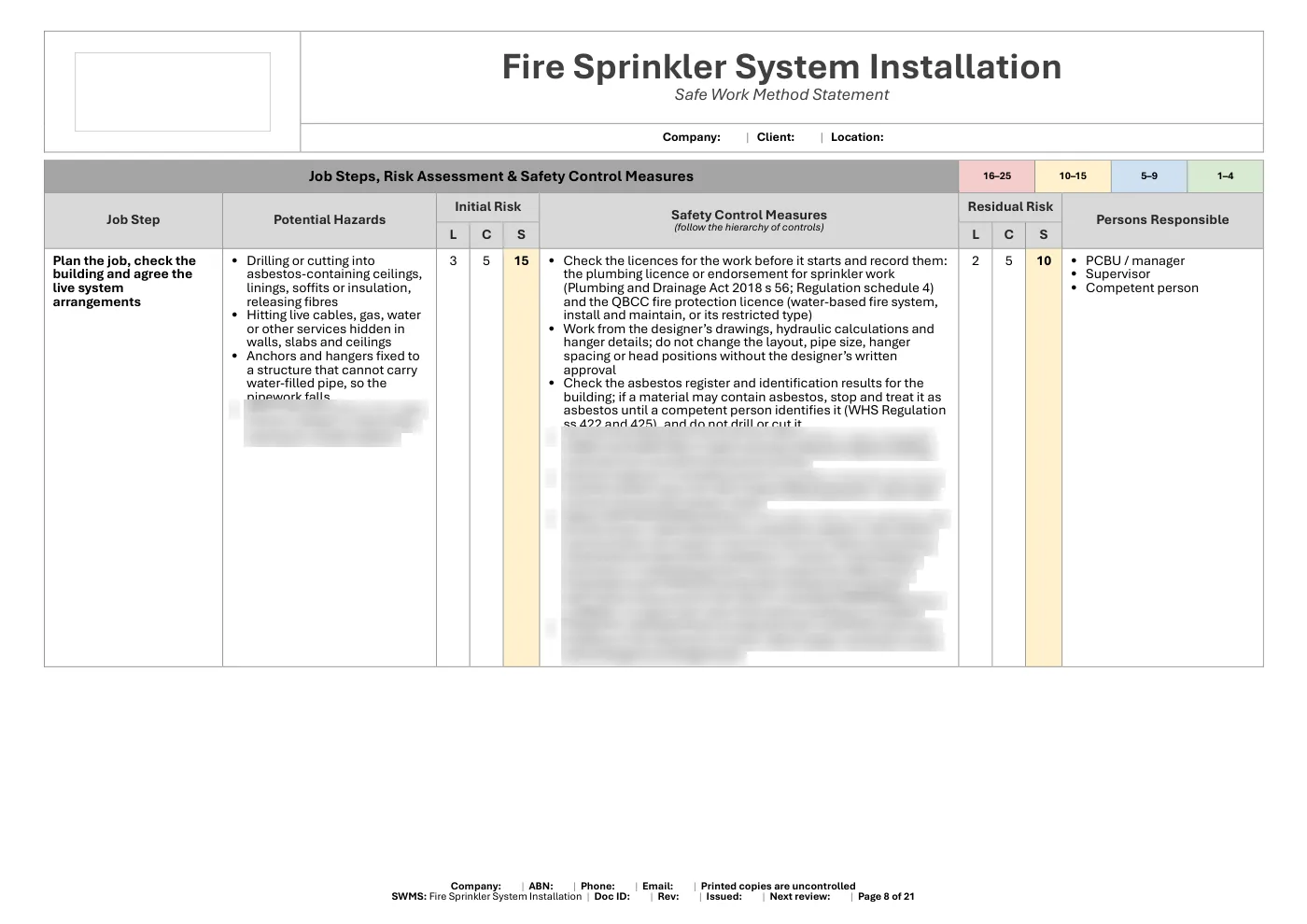 Fire Sprinkler System Installation SWMS: sample page 8