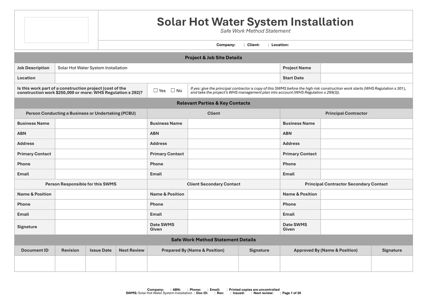 Solar Hot Water System Installation SWMS: sample page 1