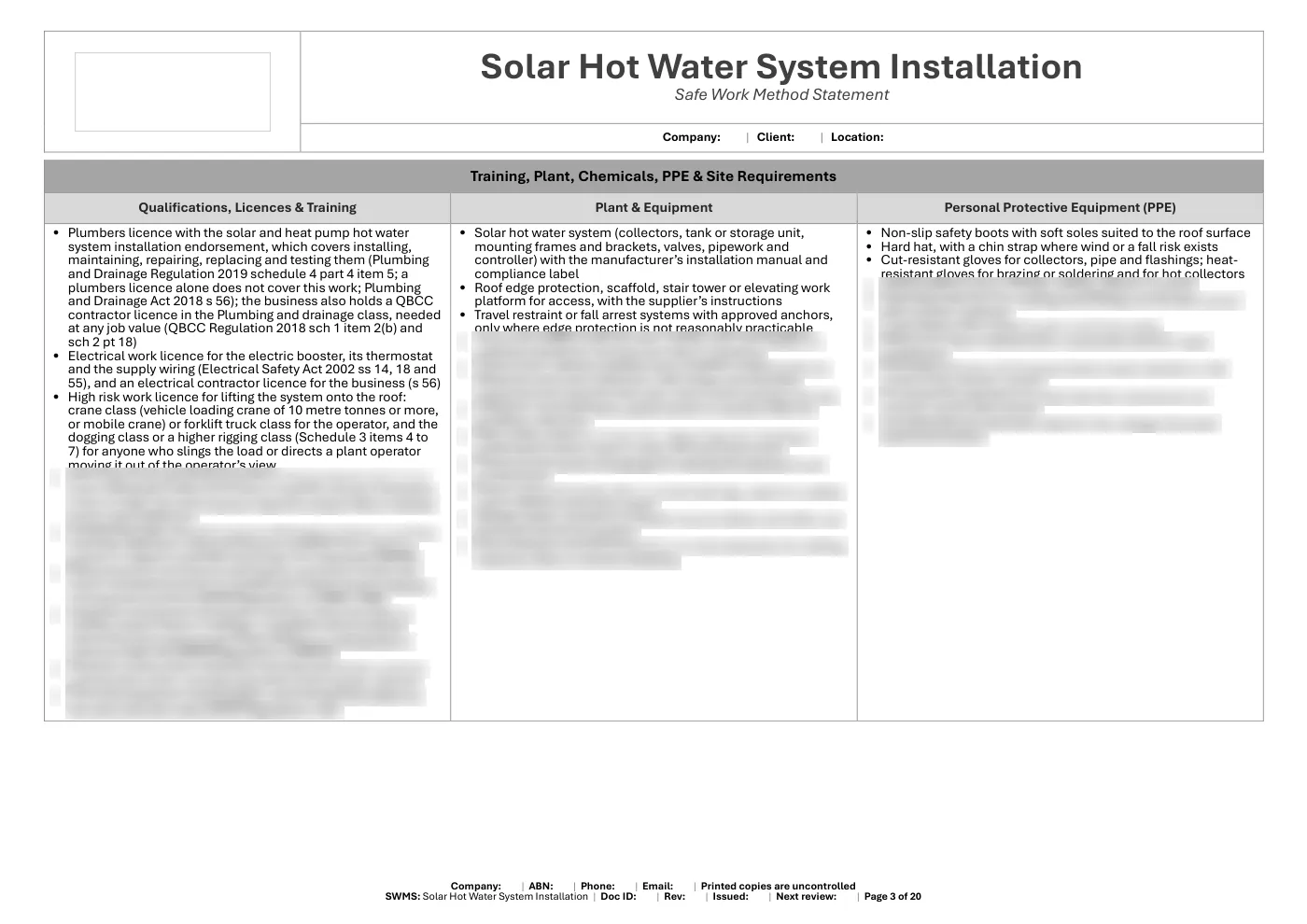 Solar Hot Water System Installation SWMS: sample page 3