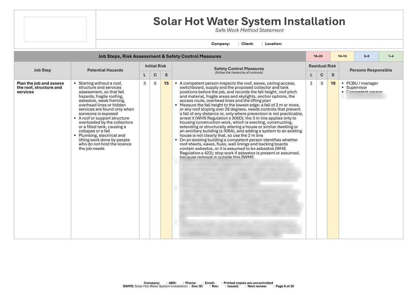 Solar Hot Water System Installation SWMS: sample page 8
