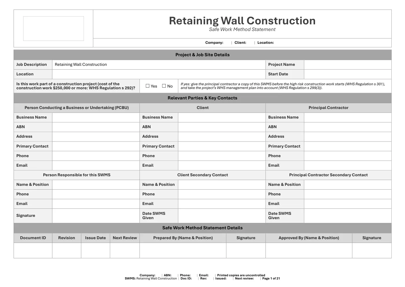 Retaining Wall Construction SWMS: sample page 1