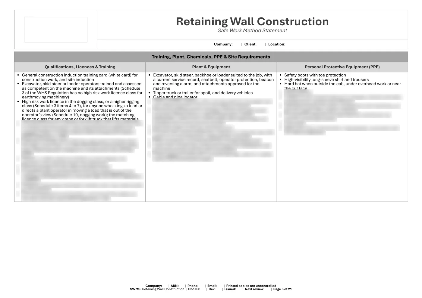 Retaining Wall Construction SWMS: sample page 3