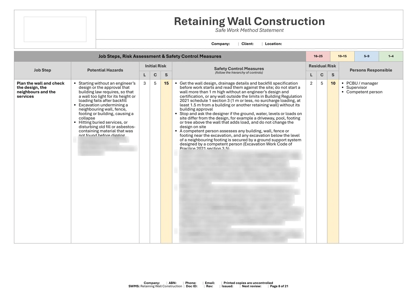 Retaining Wall Construction SWMS: sample page 8