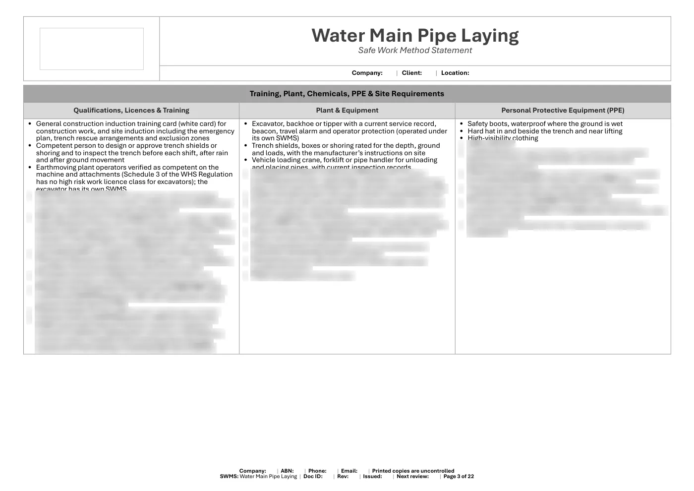 Water Main Pipe Laying SWMS: sample page 3