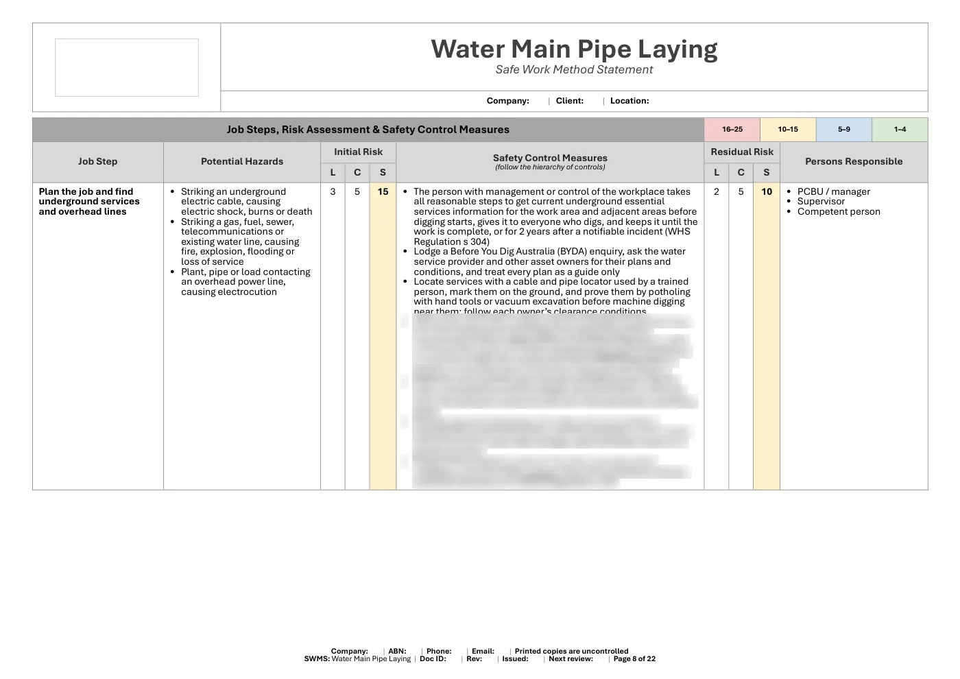Water Main Pipe Laying SWMS: sample page 8