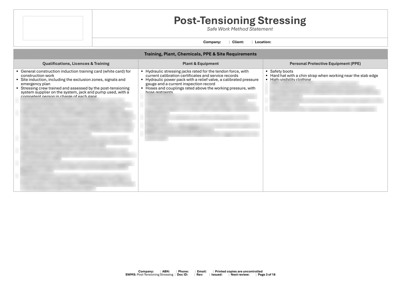 Post-Tensioning Stressing SWMS: sample page 3