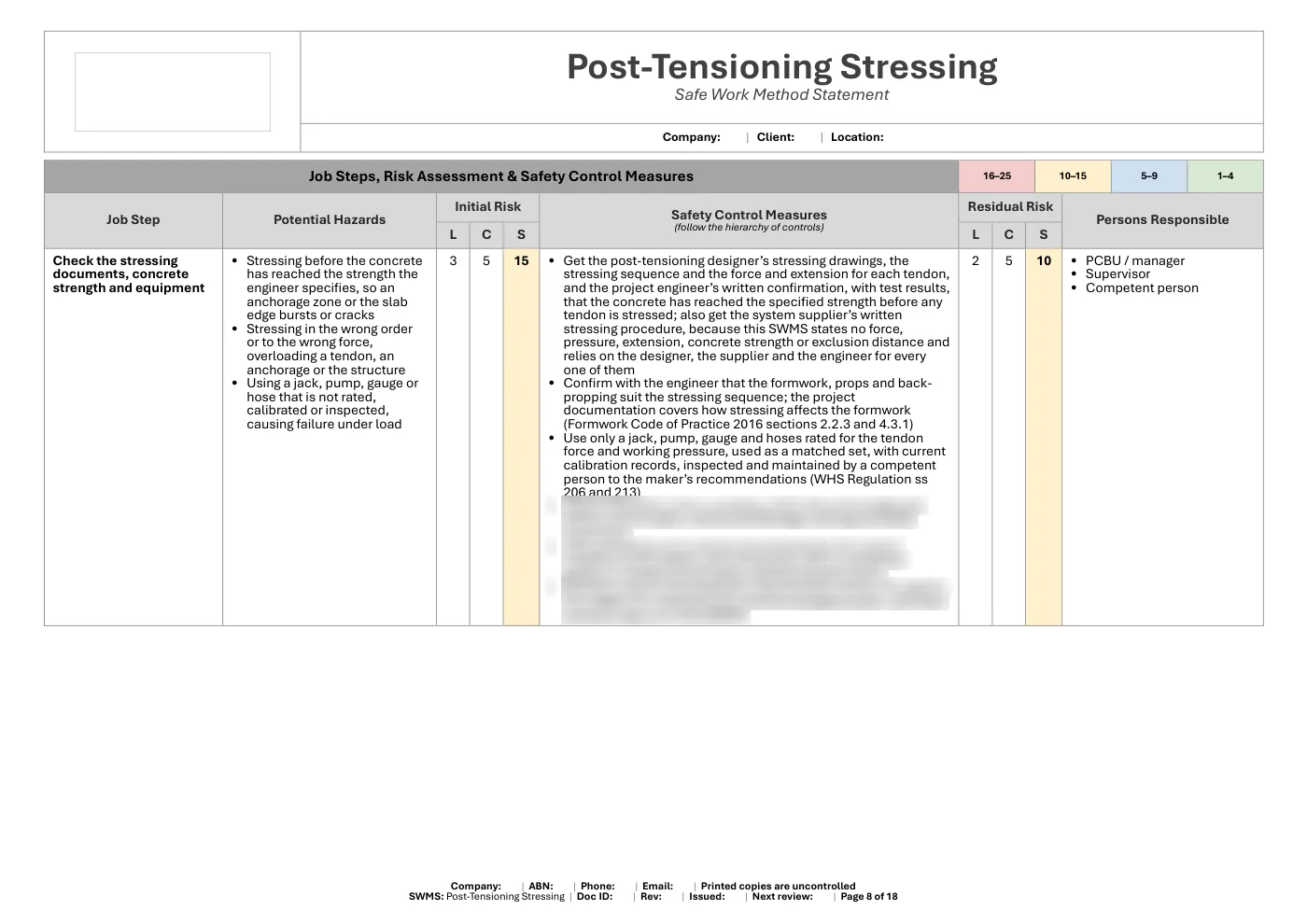 Post-Tensioning Stressing SWMS: sample page 8