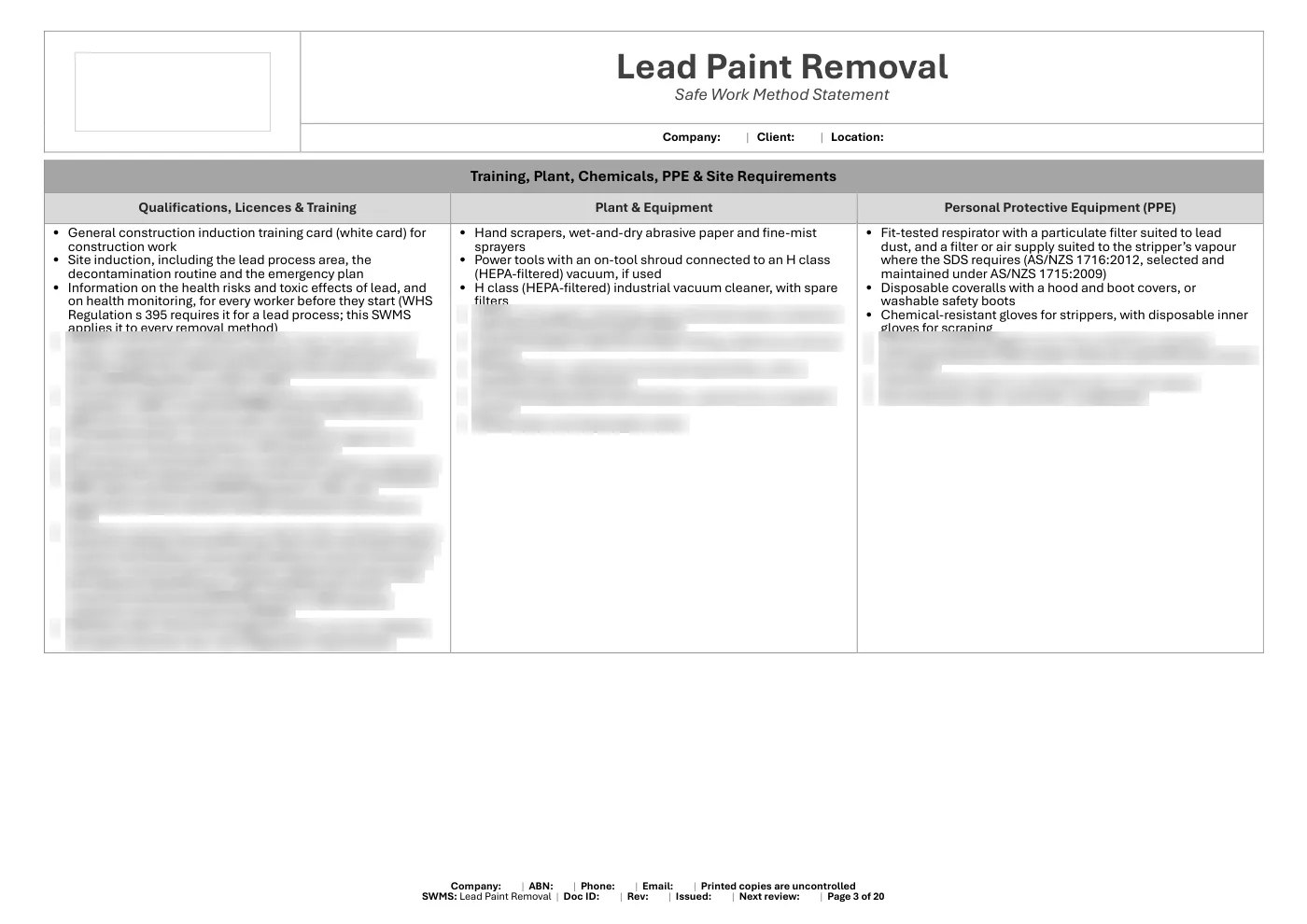 Lead Paint Removal SWMS: sample page 3