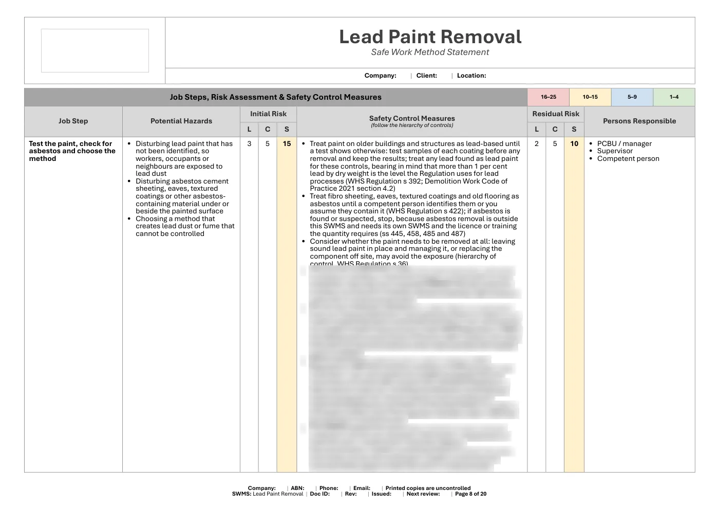 Lead Paint Removal SWMS: sample page 8