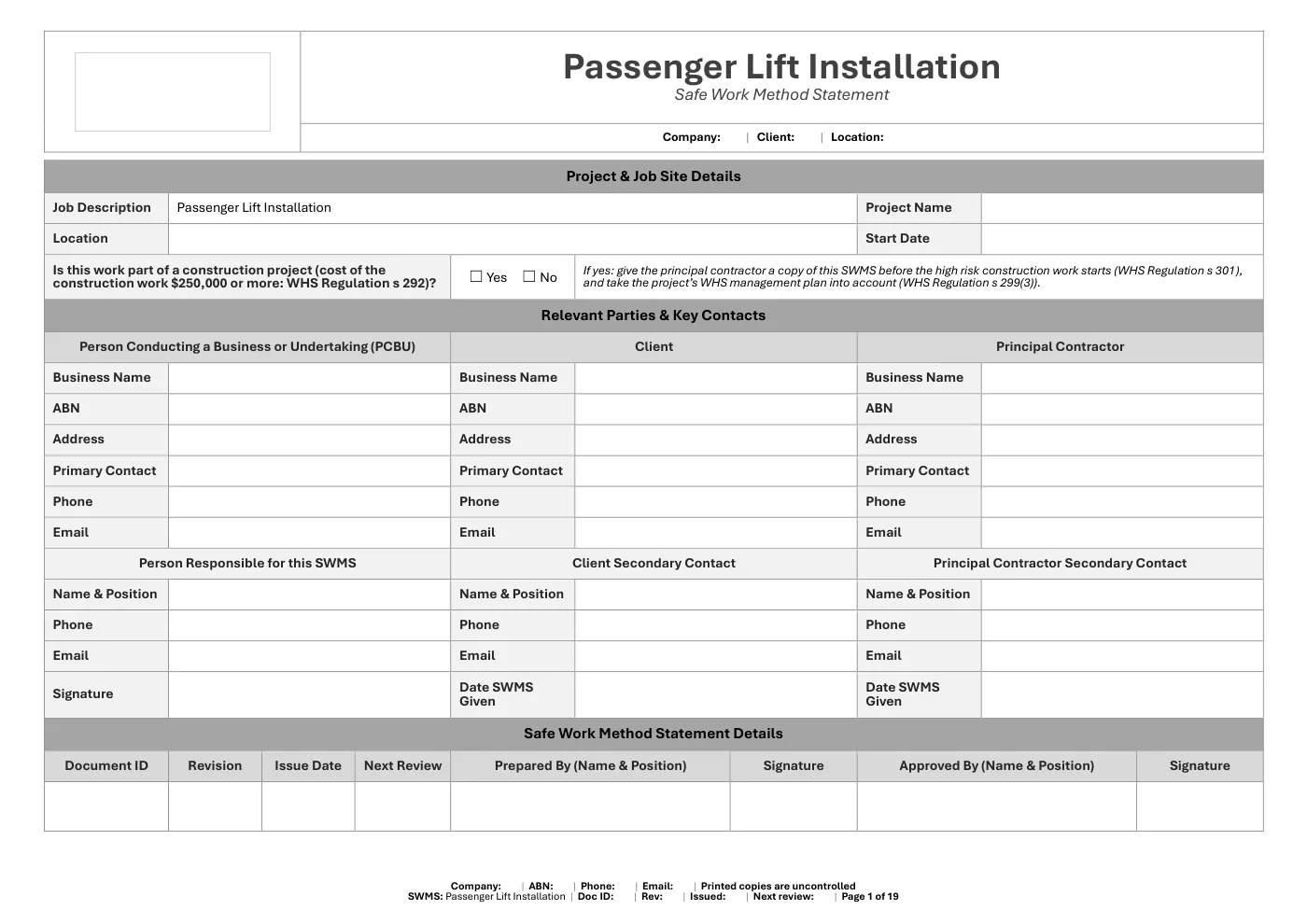 Passenger Lift Installation SWMS: sample page 1