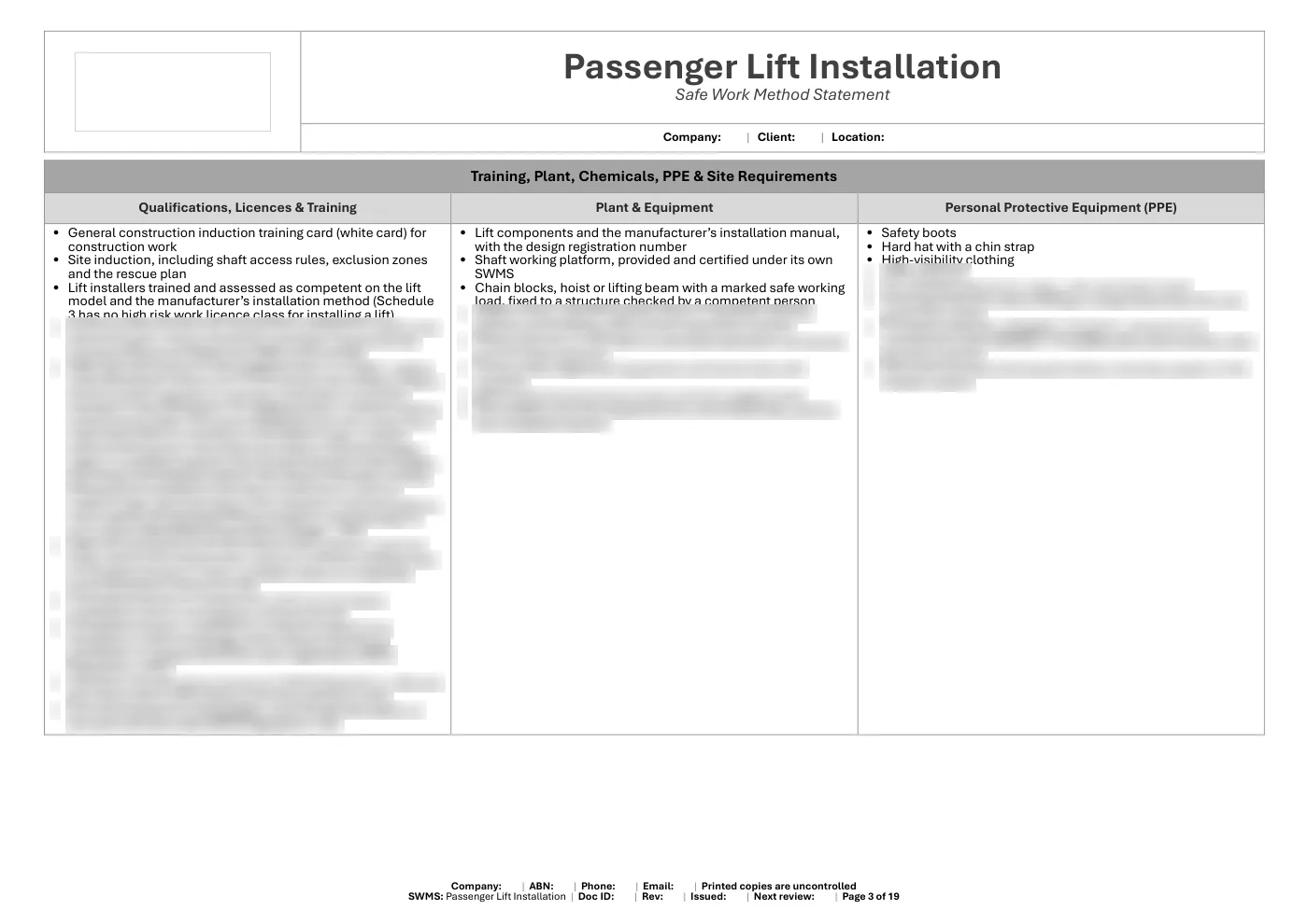 Passenger Lift Installation SWMS: sample page 3