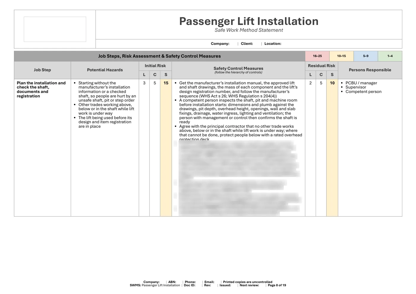 Passenger Lift Installation SWMS: sample page 8