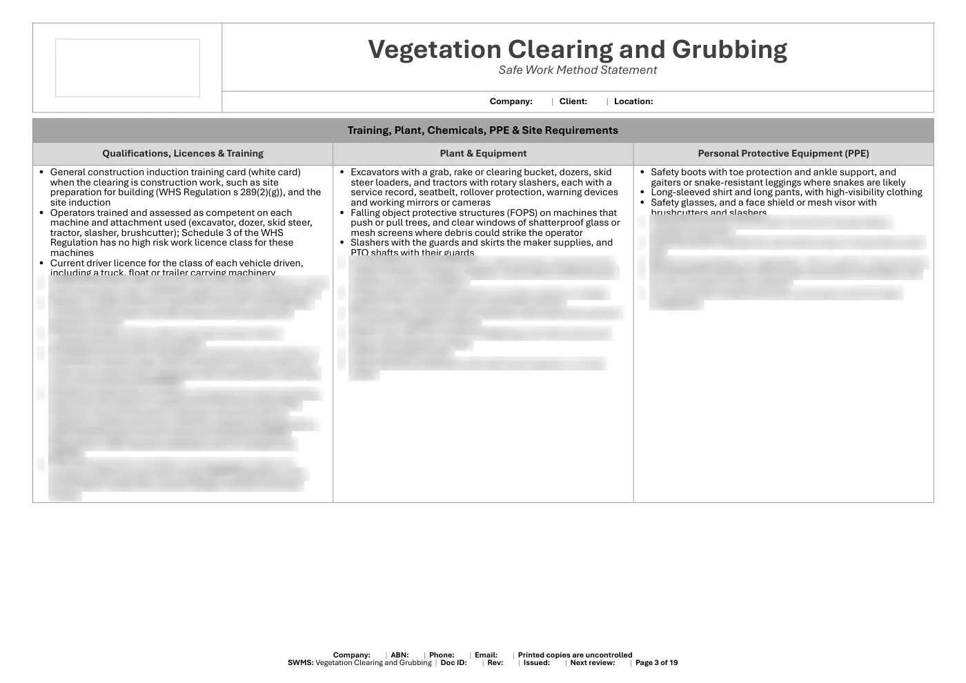 Vegetation Clearing and Grubbing SWMS: sample page 3