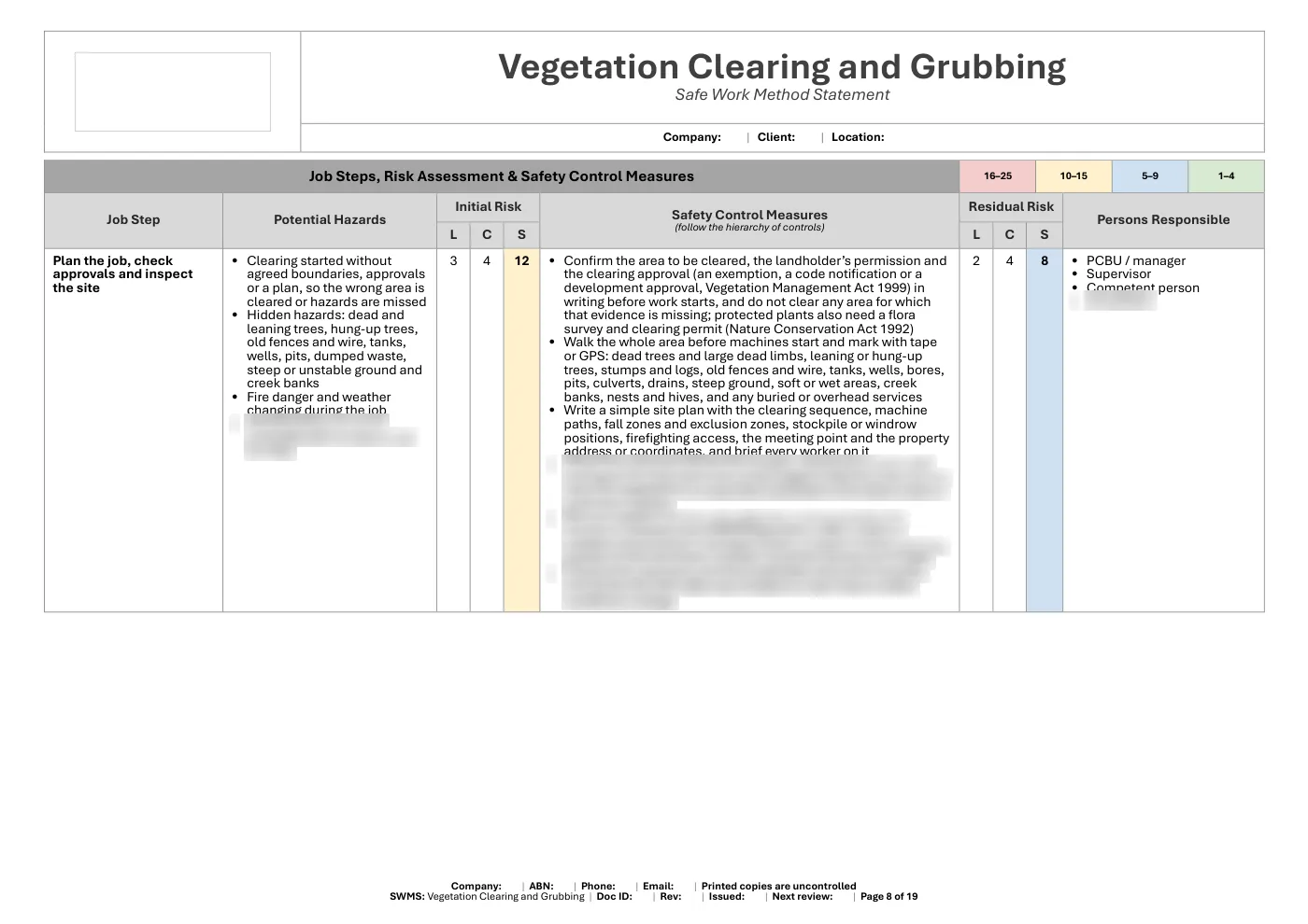 Vegetation Clearing and Grubbing SWMS: sample page 8