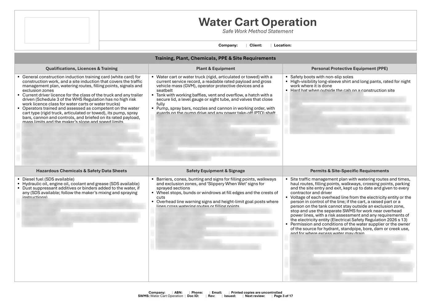 Water Cart SWMS: sample page 3