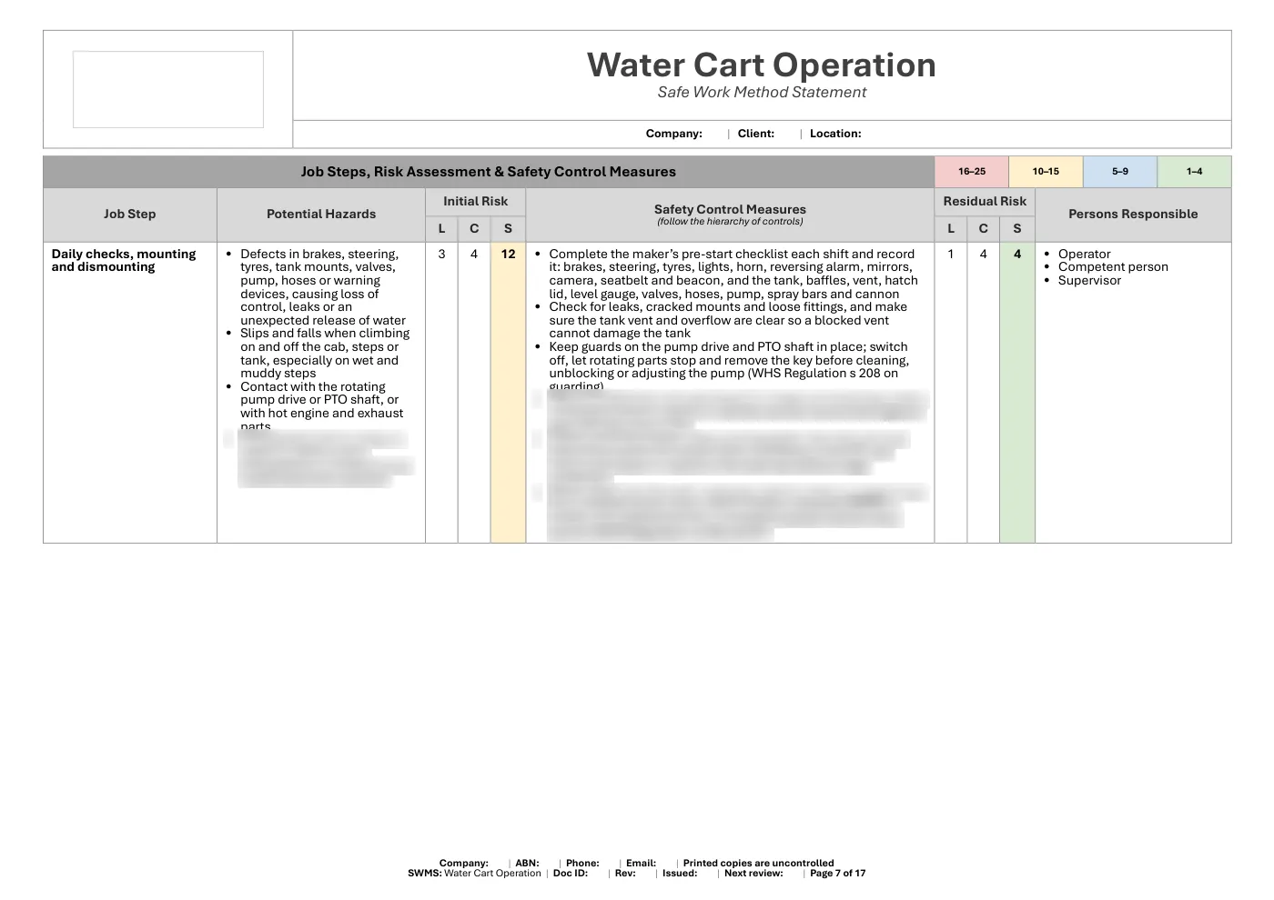 Water Cart SWMS: sample page 7
