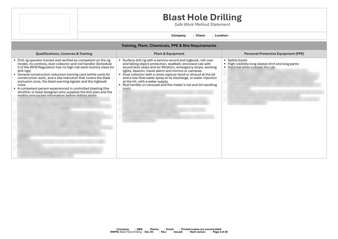 Blast Hole Drilling SWMS: sample page 3