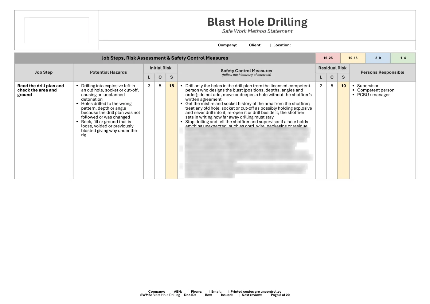 Blast Hole Drilling SWMS: sample page 8