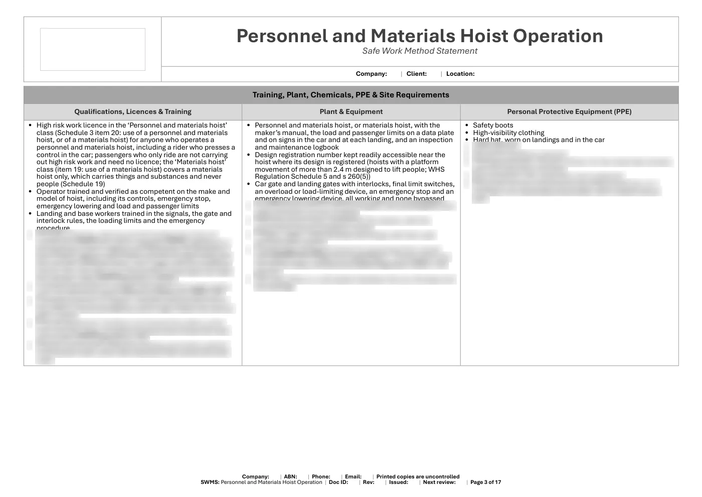 Personnel and Materials Hoist Operation SWMS: sample page 3