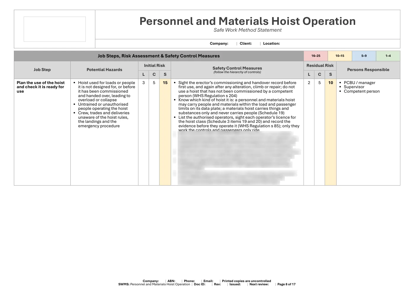 Personnel and Materials Hoist Operation SWMS: sample page 8