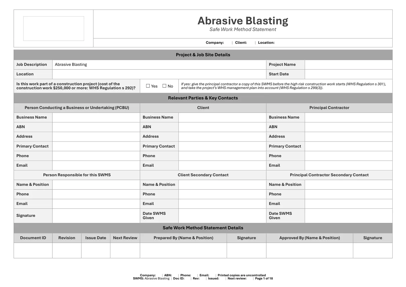 Abrasive Blasting SWMS: sample page 1