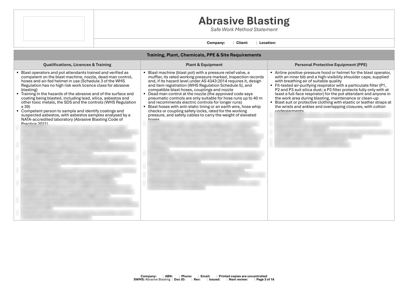 Abrasive Blasting SWMS: sample page 3
