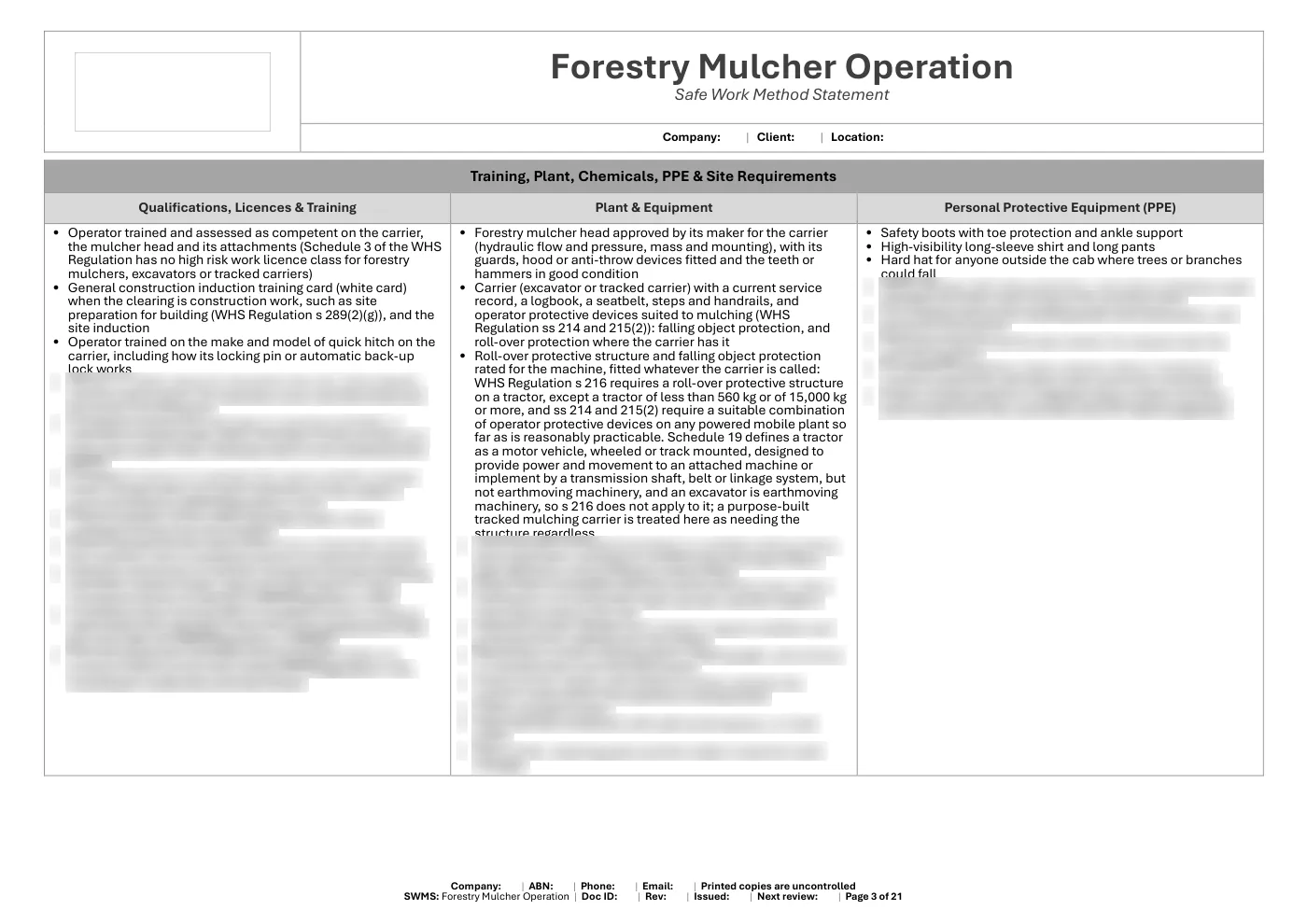 Forestry Mulcher SWMS: sample page 3