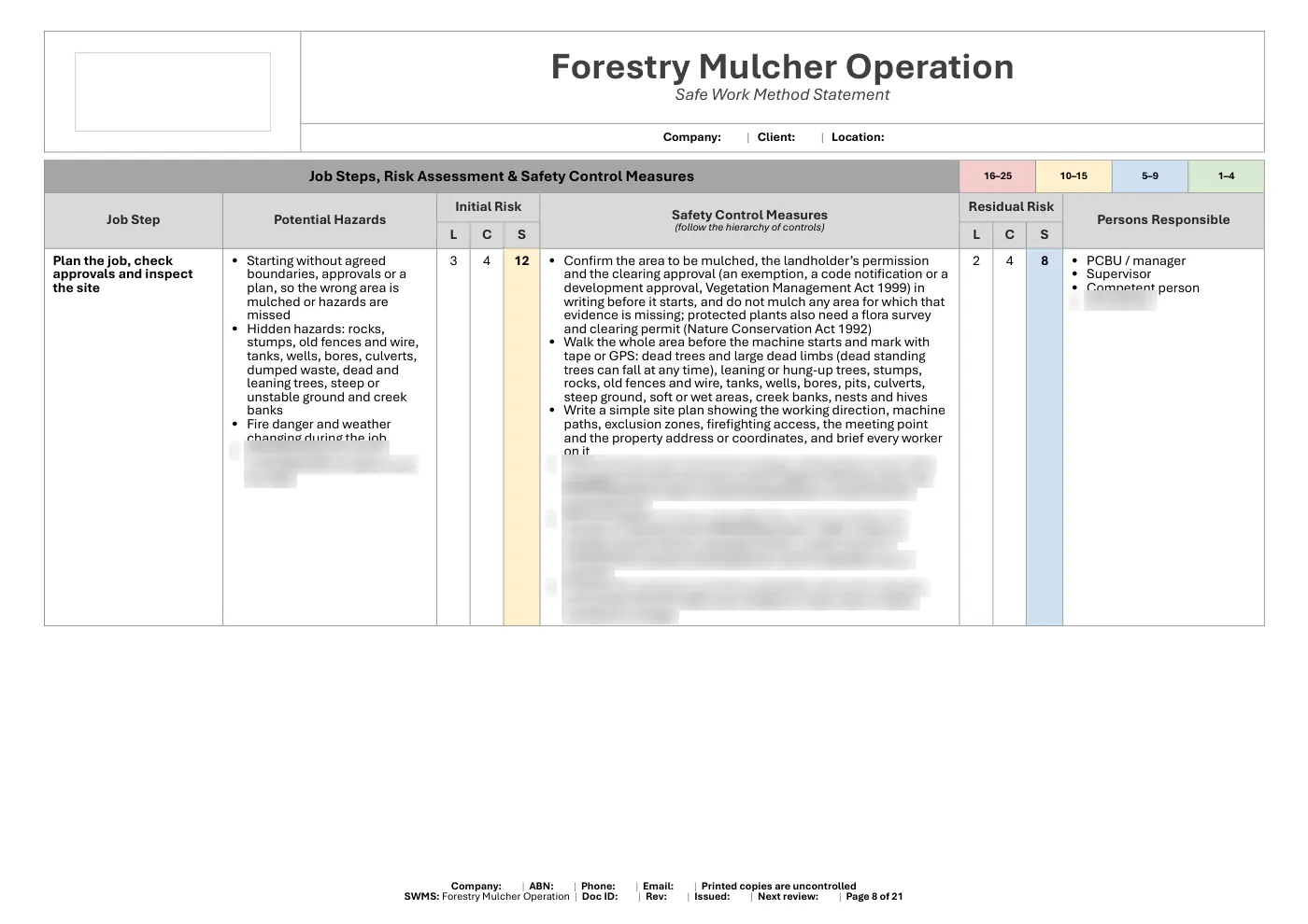 Forestry Mulcher SWMS: sample page 8