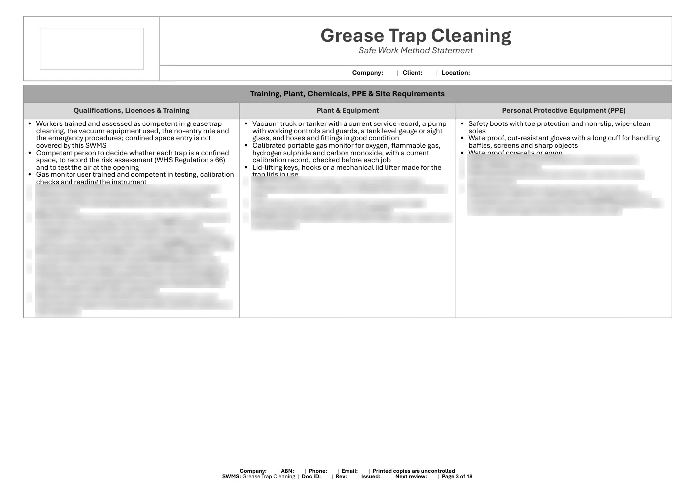 Grease Trap Cleaning SWMS: sample page 3