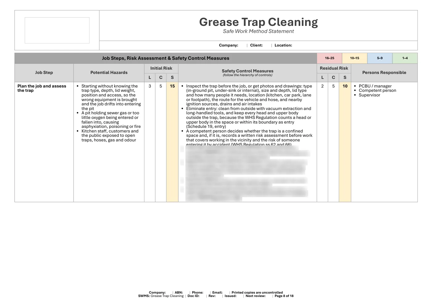 Grease Trap Cleaning SWMS: sample page 8