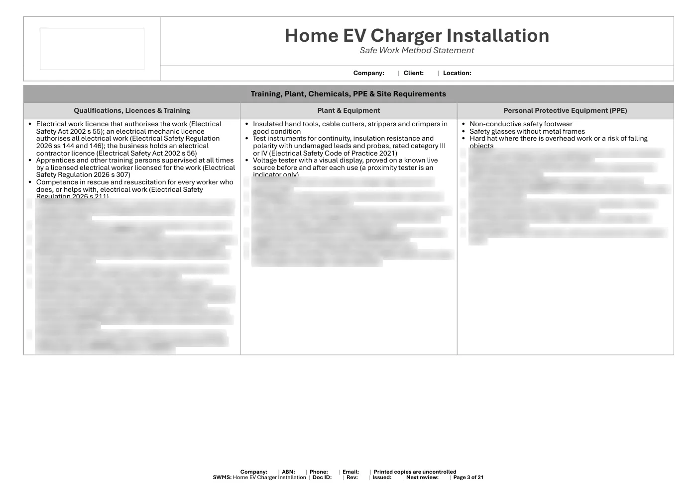 Home EV Charger Installation SWMS: sample page 3