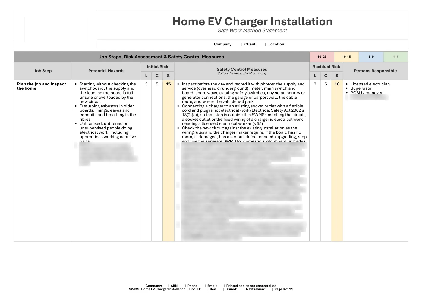 Home EV Charger Installation SWMS: sample page 8