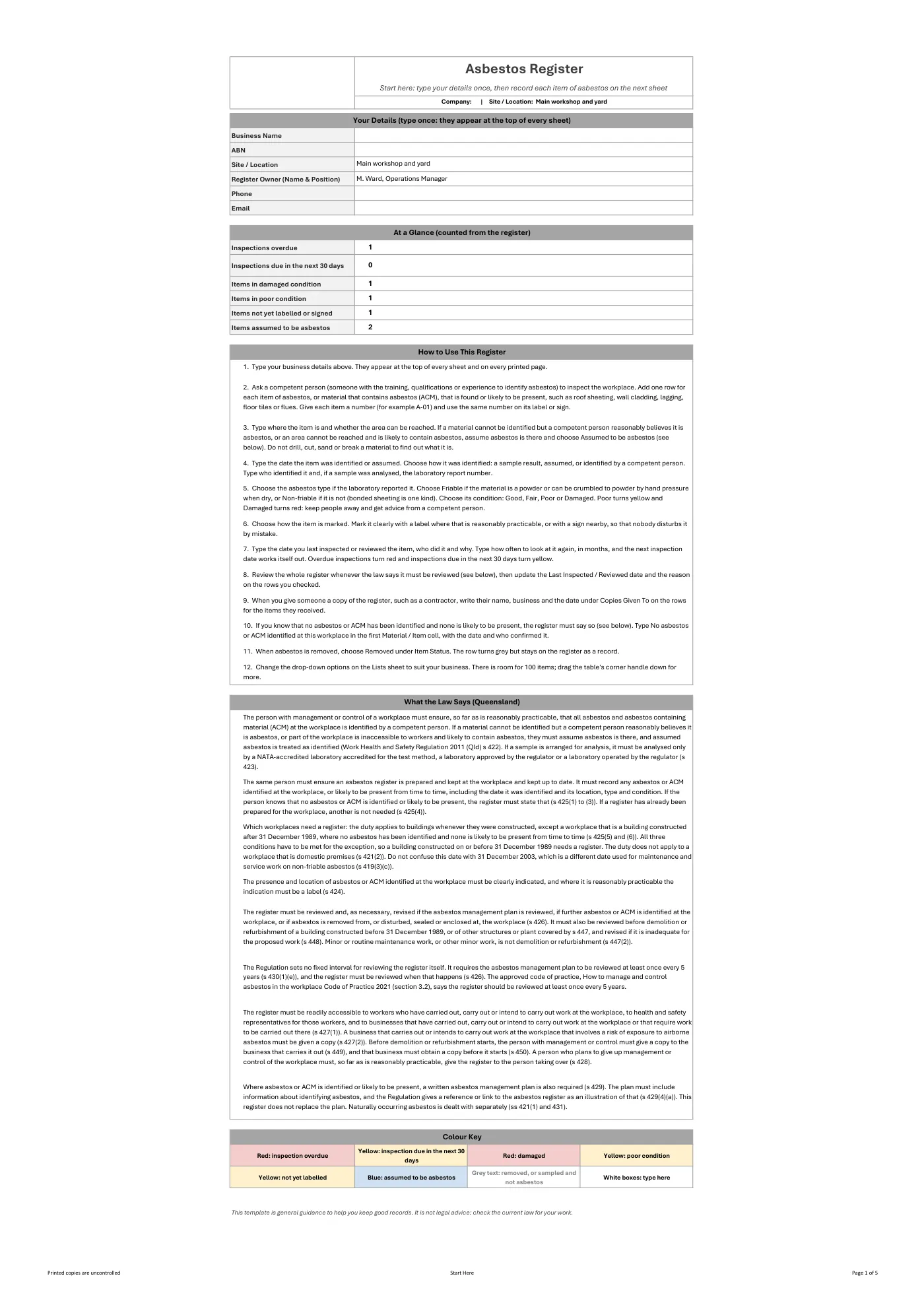 Asbestos Register: sample page 1
