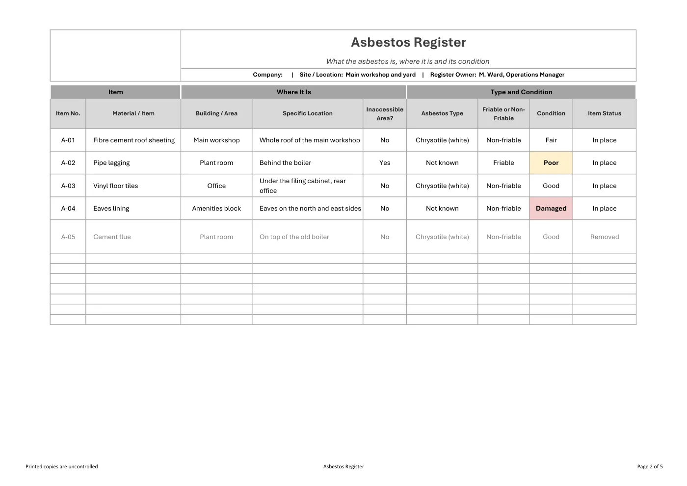 Asbestos Register: sample page 2