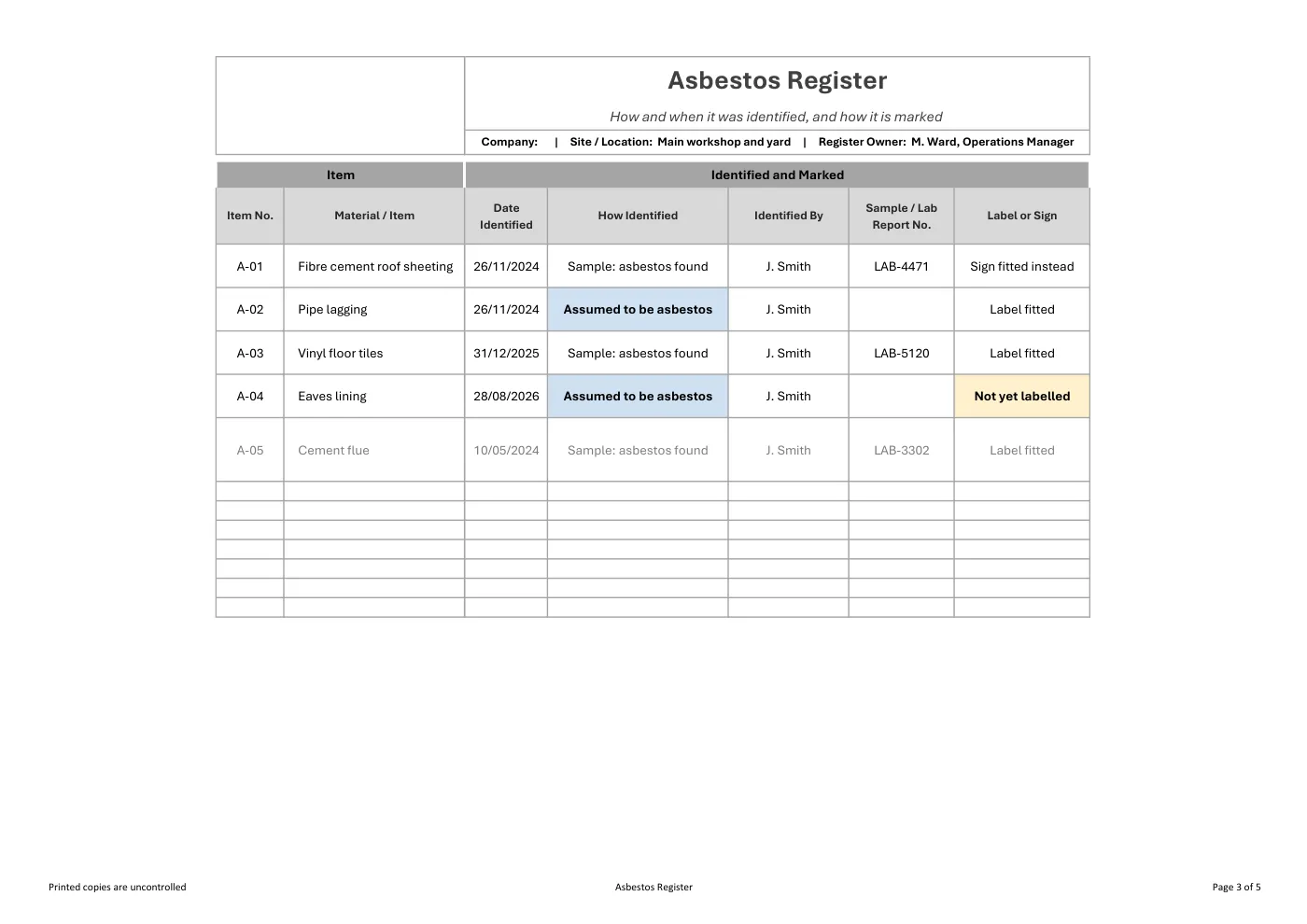 Asbestos Register: sample page 3