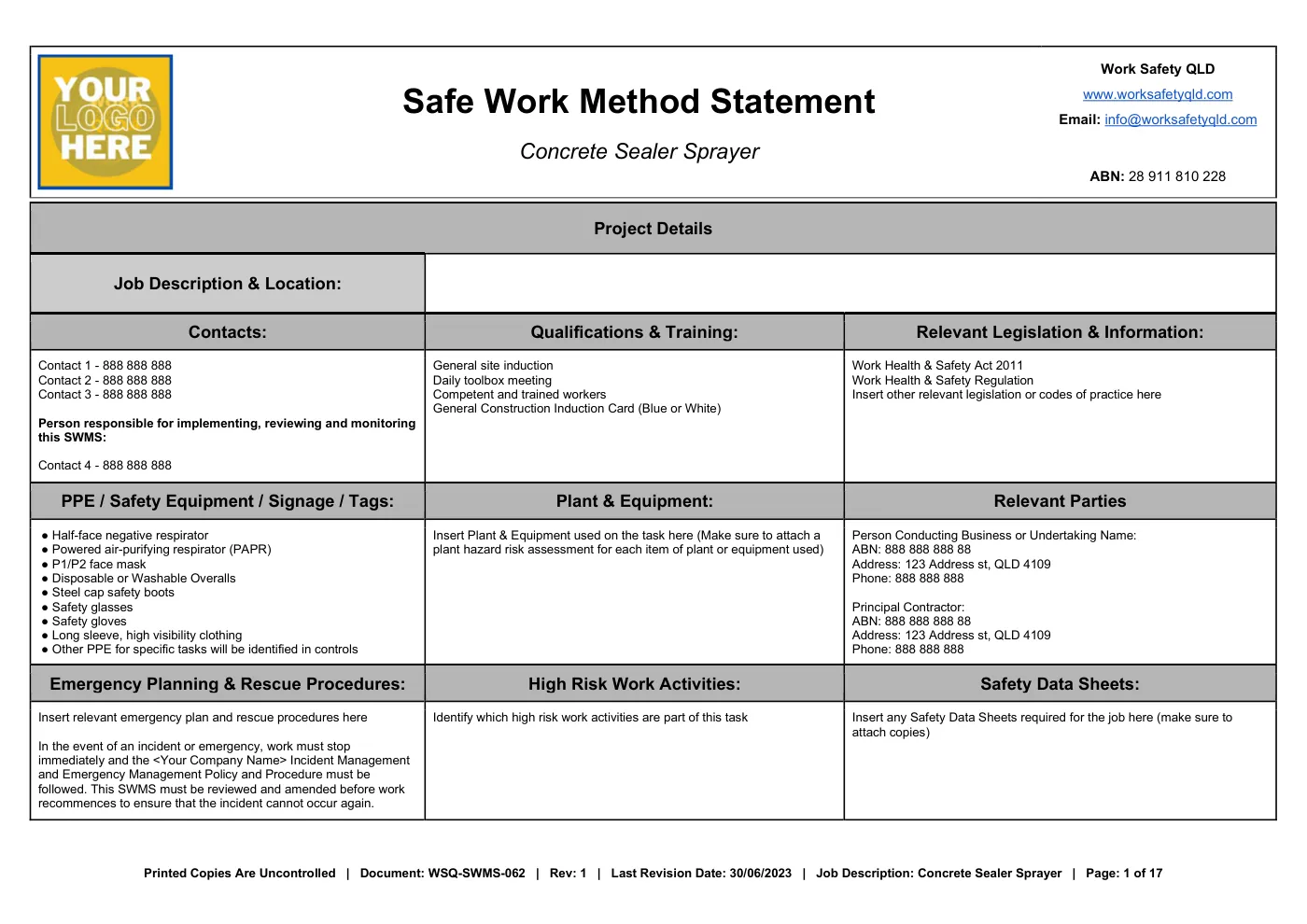 Concrete Sealer Sprayer SWMS Template: sample page 1