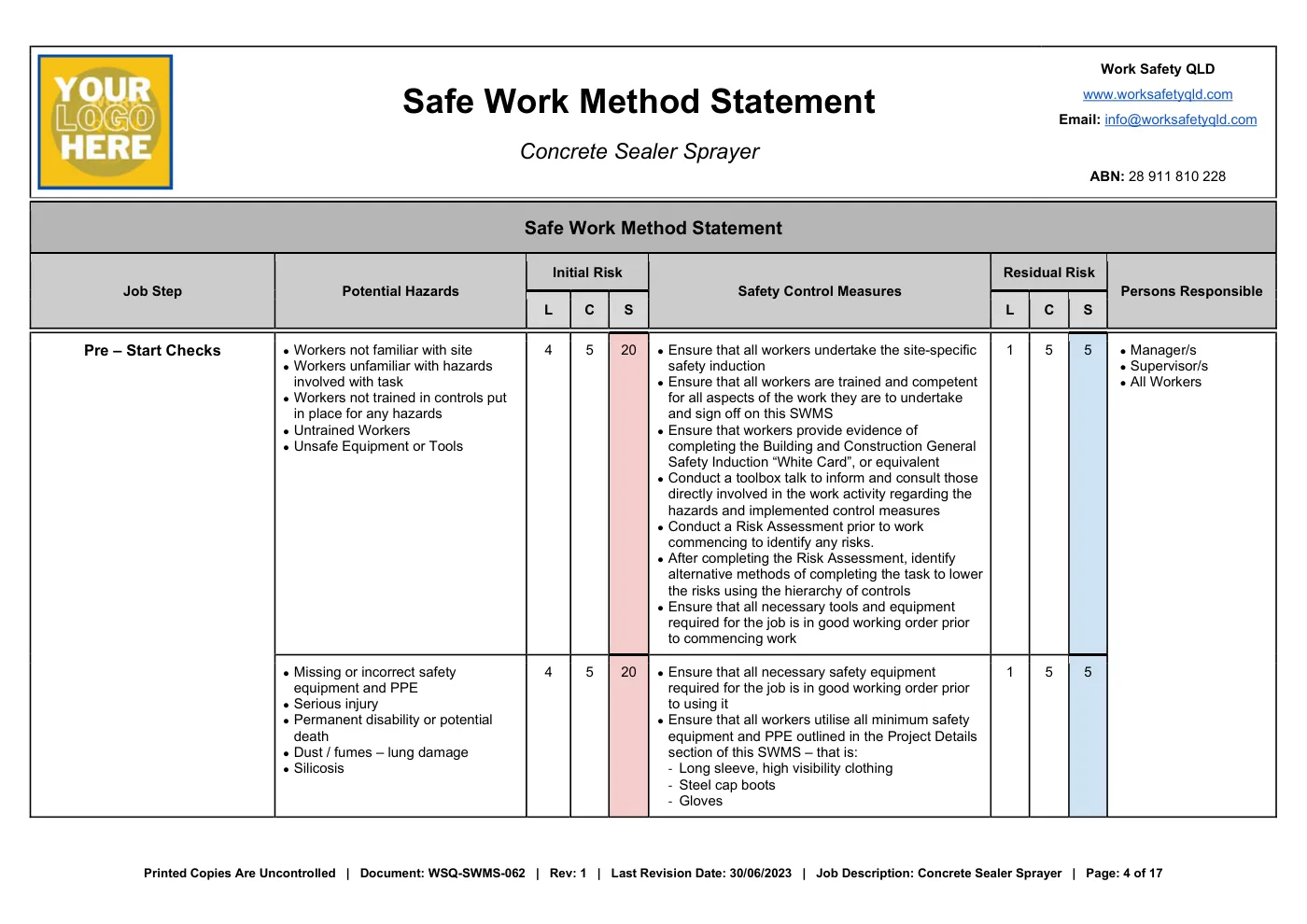 Concrete Sealer Sprayer SWMS Template: sample page 4