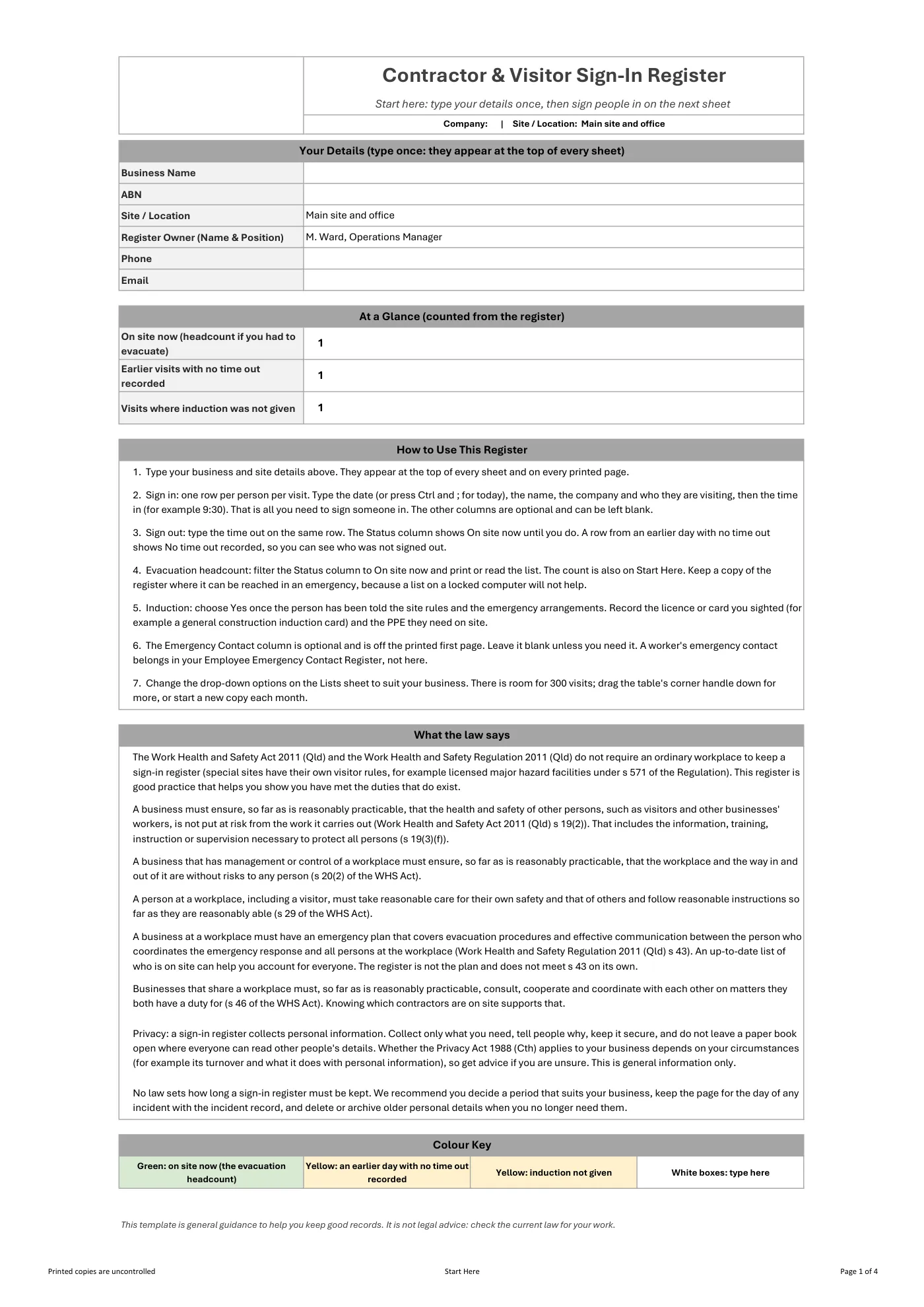 Contractor & Visitor Sign-In Register: sample page 1
