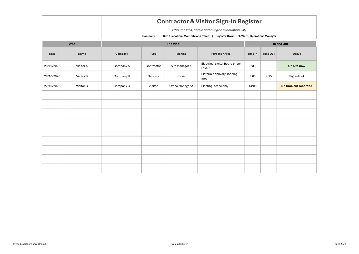Contractor & Visitor Sign-In Register: sample page 2