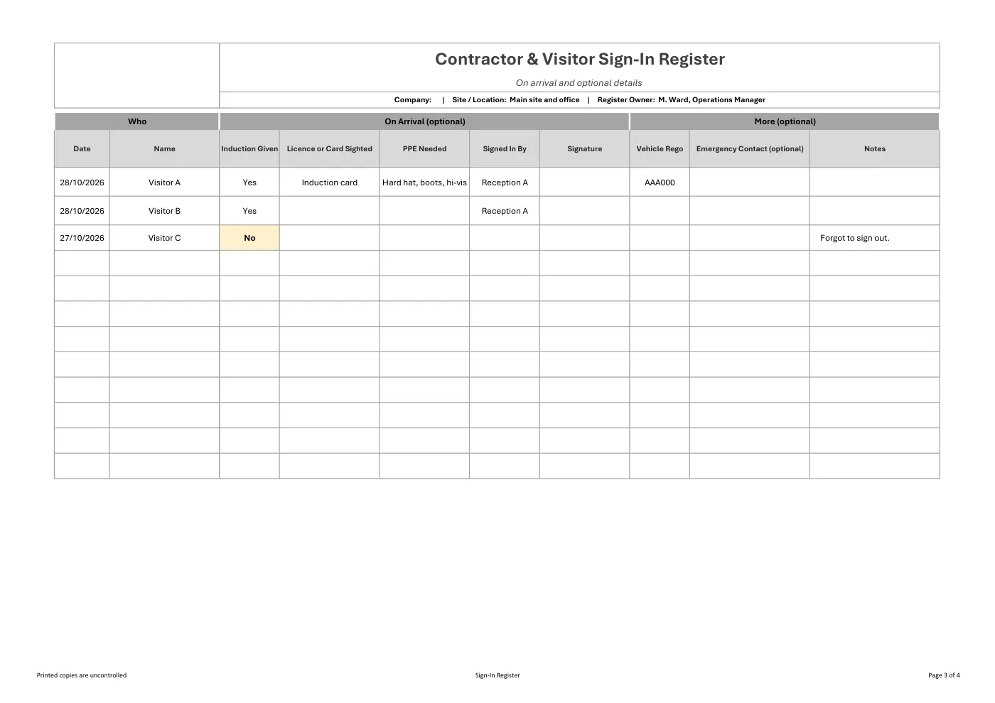 Contractor & Visitor Sign-In Register: sample page 3