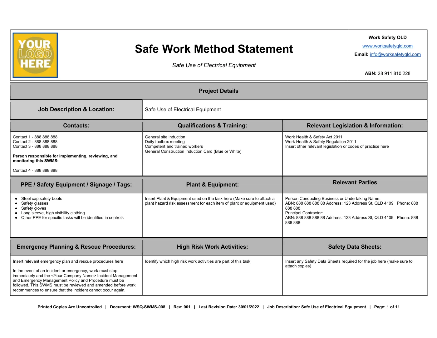 Electrical Equipment SWMS: sample page 1