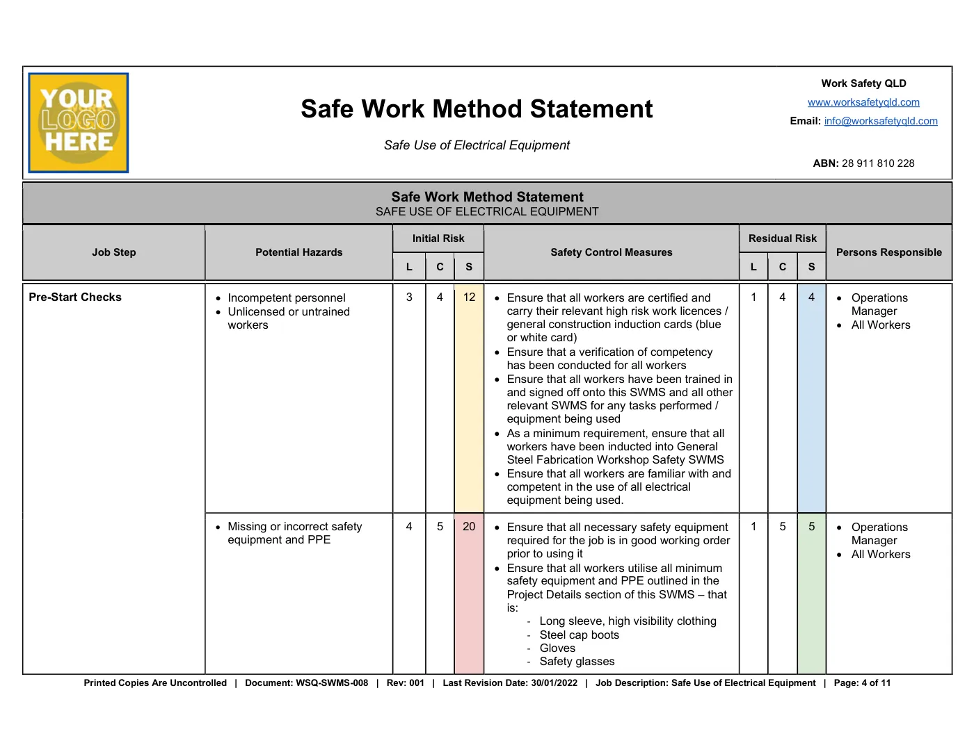 Electrical Equipment SWMS: sample page 4