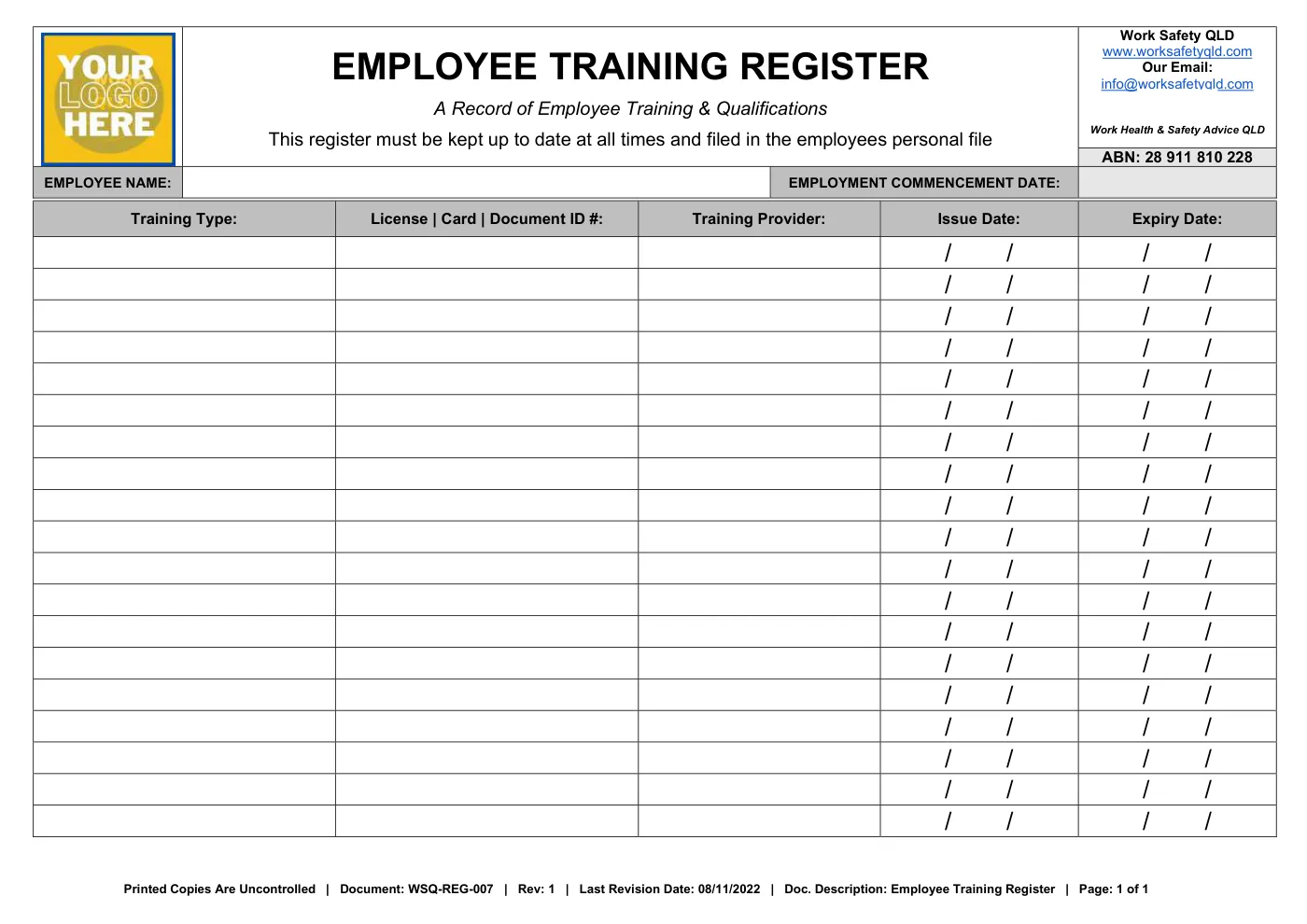 Employee Training Register: sample page 1